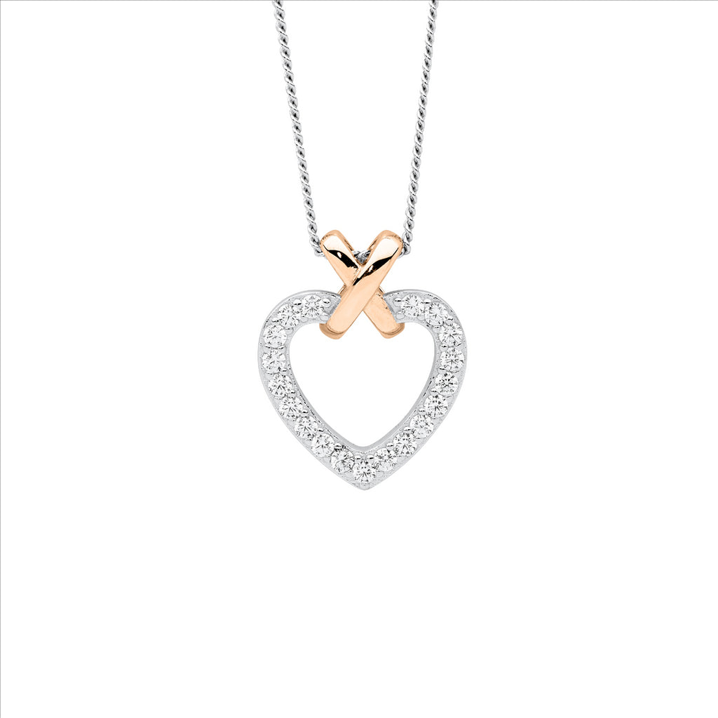 Sterling Silver Wh Cz Heart W/Rose Gold Plated X Pendant