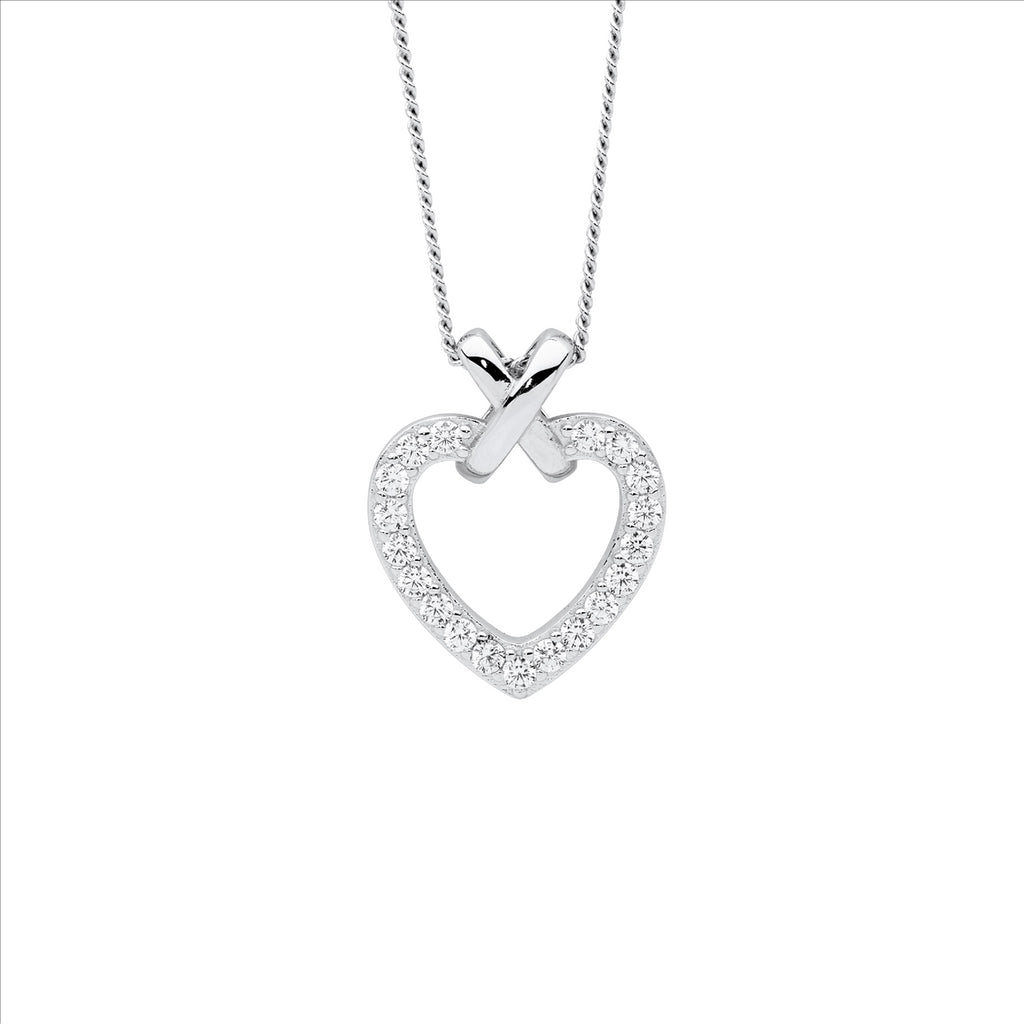 Sterling Silver Wh Cz Heart W/Plain Silver X Pendant