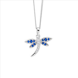 Sterling Silver Wh Cz Dragonfly Pendant W/Dark Blue Cz Wings