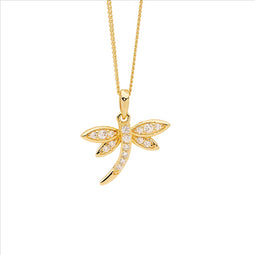 Sterling Silver Wh Cz Dragonfly Pendant W/Gold Plating