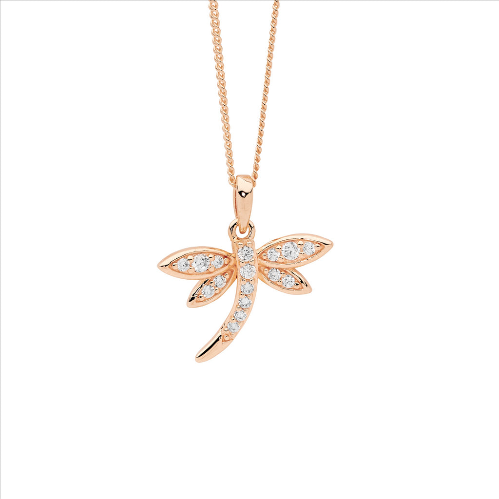 Sterling Silver Wh Cz Dragonfly Pendant W/Rose Gold Plating