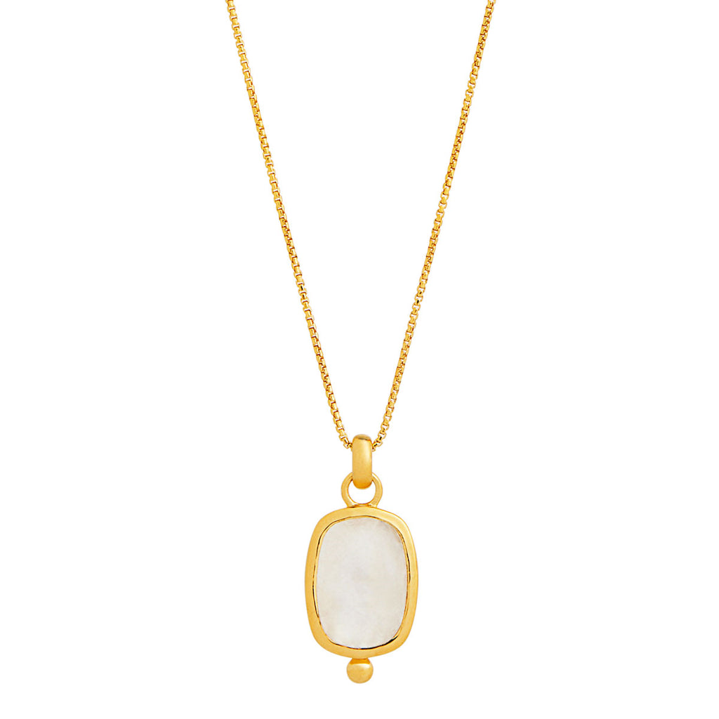 Rectangular Cabochon Rainbow Moonstone In Yellow Gold Plated Silver Setting With Bale On Chain