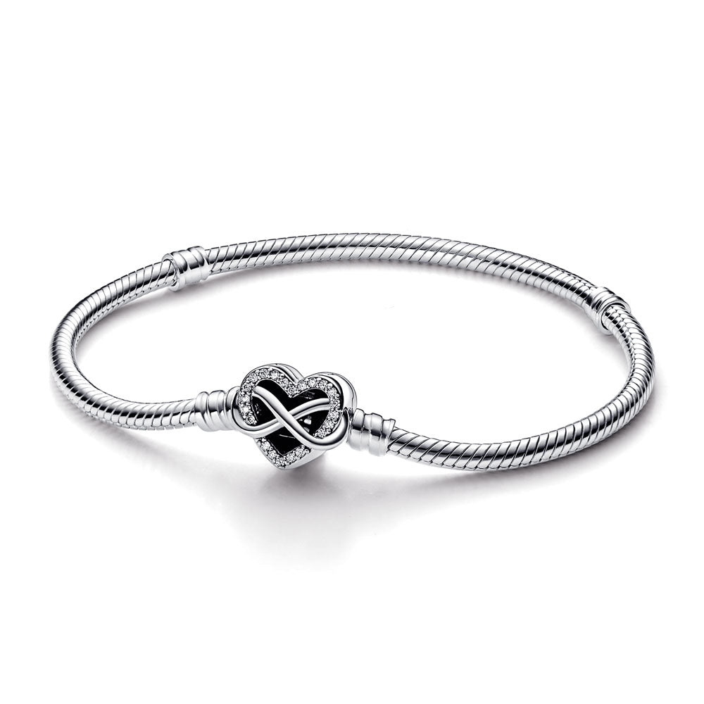 Snake Chain Sterling Silver Bracelet With Infinity Heart Clasp With Clear Cubic Zirconia