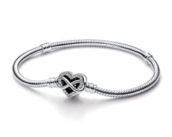 Snake Chain Sterling Silver Bracelet With Infinity Heart Clasp With Clear Cubic Zirconia