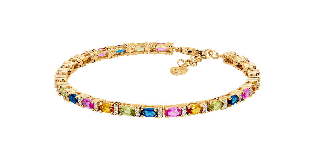 Ss Multi Colour Oval & Wh Rnd Cz 18Cm Tennis Bracelet, Gold Plating W/Ext Chain