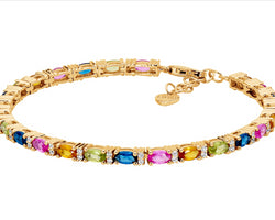 Ss Multi Colour Oval & Wh Rnd Cz 18Cm Tennis Bracelet, Gold Plating W/Ext Chain