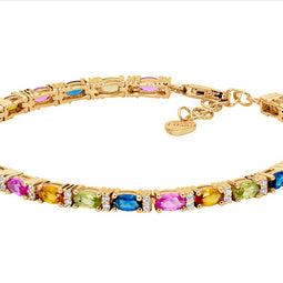 Ss Multi Colour Oval & Wh Rnd Cz 18Cm Tennis Bracelet, Gold Plating W/Ext Chain