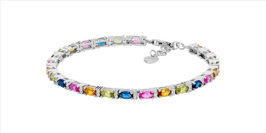 Ss Multi Colour Oval & Wh Rnd Cz 18Cm Tennis Bracelet W/Ext Chain