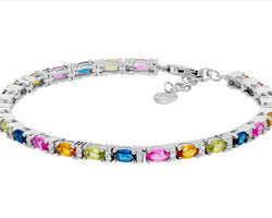 Ss Multi Colour Oval & Wh Rnd Cz 18Cm Tennis Bracelet W/Ext Chain