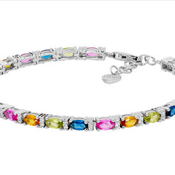 Ss Multi Colour Oval & Wh Rnd Cz 18Cm Tennis Bracelet W/Ext Chain