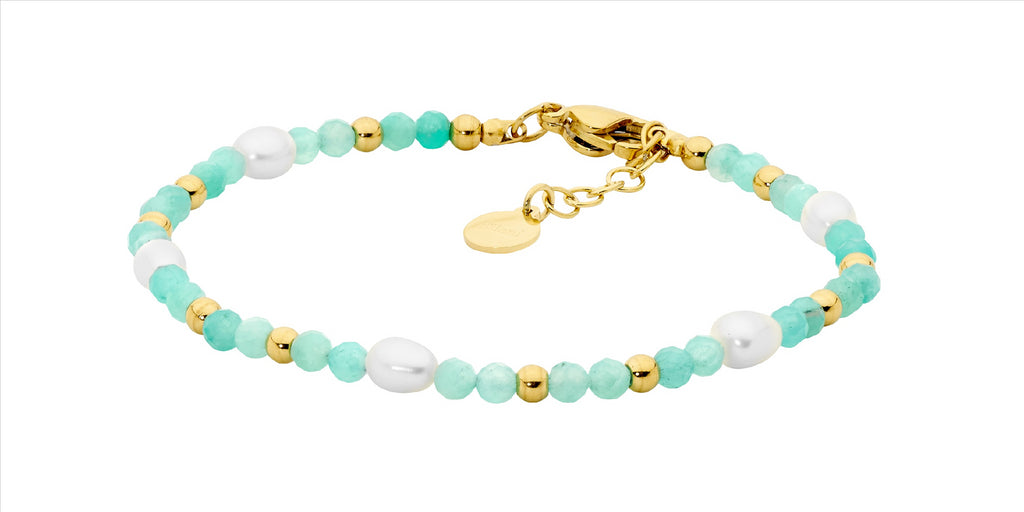 Stainless Steel Amazonite & Freshwater Pearl 17.5Cm Bracelet W/Gold Ip Plating