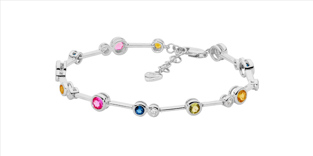 Sterling Silver Bezel Set Multi Colour Cz Bar Bracelet W/Ext Chain
