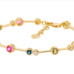 Sterling Silver Bezel Set Multi Colour Cz Bar Bracelet W/Ext Chain, Gold Plating