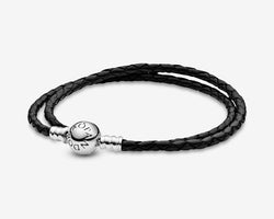 Silver Leather Bracelet, Double, Black