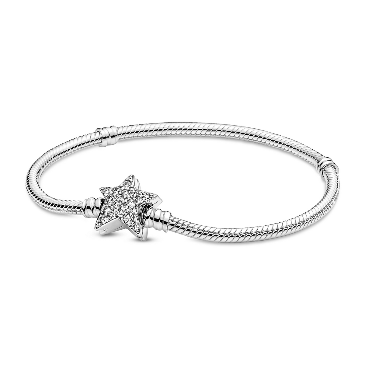 Snake Chain Sterling Silver Bracelet With Star Clasp And Clear Cubic Zirconia