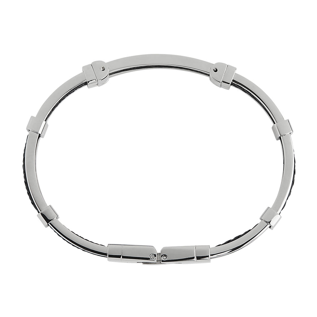 9mm Wide Stainless Steel & Plaited Black Leather Hinged Bracelet, 72mm Inner Diam