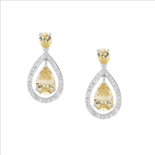 Stainless Steel Drop Earrings With Citrine And White Cz
