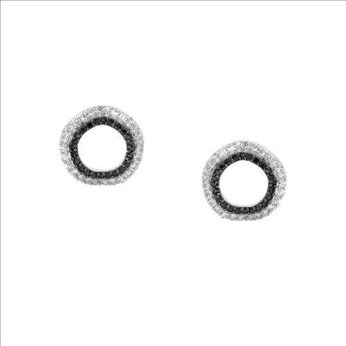 SS WH & BK CZ Double Layer Wave Circle Earrings