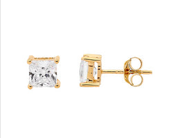 Ellani Yellow Gold Plated Stud Earrings With Princess Cut White Cz's
