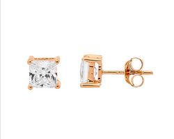 Rose Gold Plated Princess Cut White Cz Stud Earrings