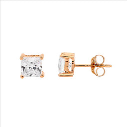 Rose Gold Plated Princess Cut White Cz Stud Earrings