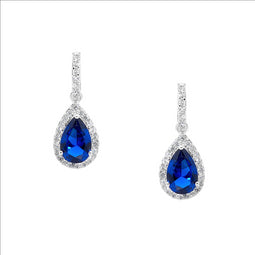 Ellani Blue Cz Pear Drop Earrings With White Cz Halo