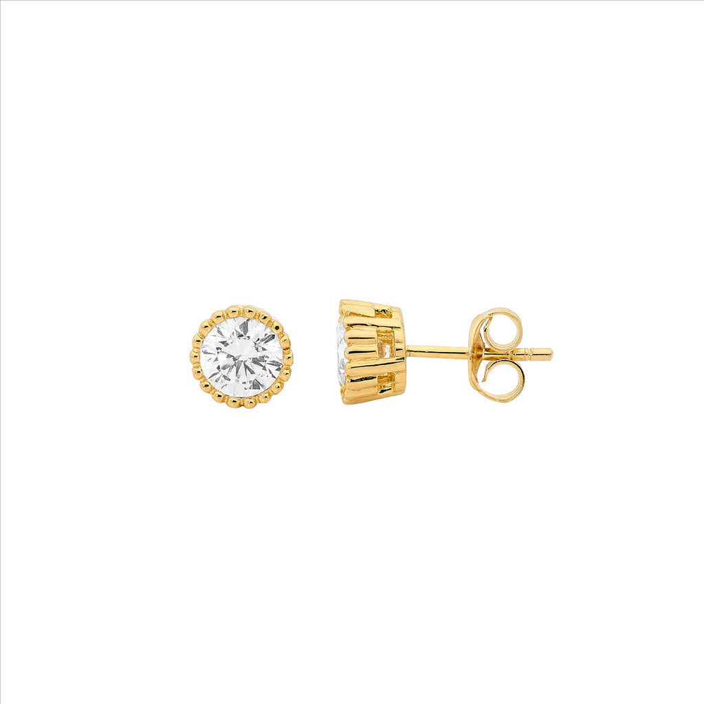 Yellow Gold Plated Crown Set White Cz Stud Earrings