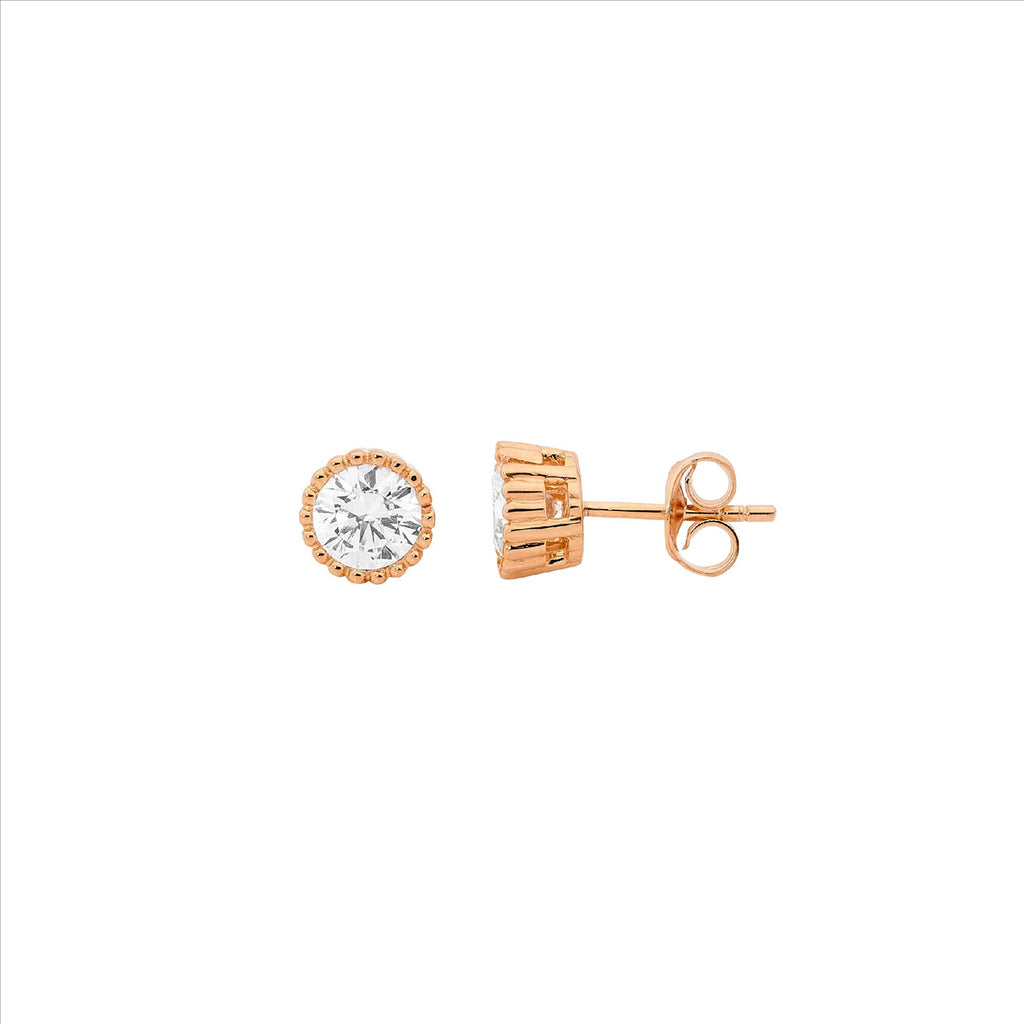 Ellani Rose Gold Plated Stud Earrings With Crown Set White Cz