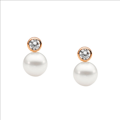 Ellani Rose Gold Plated Freshwater Pearl stud Earrings With Cz