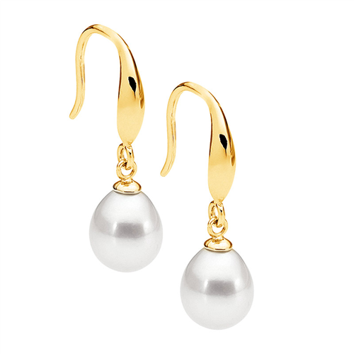 Hook Earrings w/ Freshwater Pearl Drop & Gold Plating