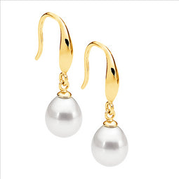 Hook Earrings w/ Freshwater Pearl Drop & Gold Plating