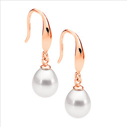 Freshwater Pearl Drop Hook Earrings w/ Rose Gold Plating