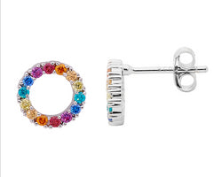 Ellani Silver Open Circle Stud Earrings With Multi Coloured Cz's