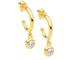 Ellani Yellow Gold Plated Hoop Earrings With White Cz Drop