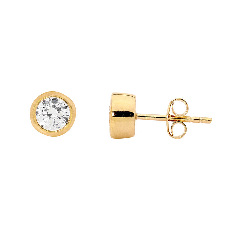 Ellani Yellow Gold Plated Stud Earrings With Bezel Set Cz