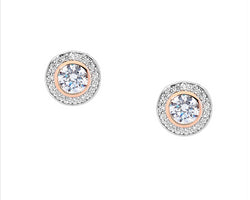 Ellani Silver & Rose Gold Plated Stud Earrings With White Cz Cluster & Surround