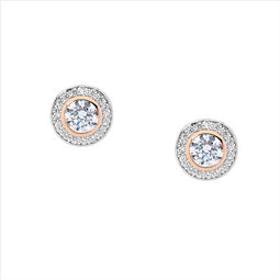 Ellani Silver & Rose Gold Plated Stud Earrings With White Cz Cluster & Surround