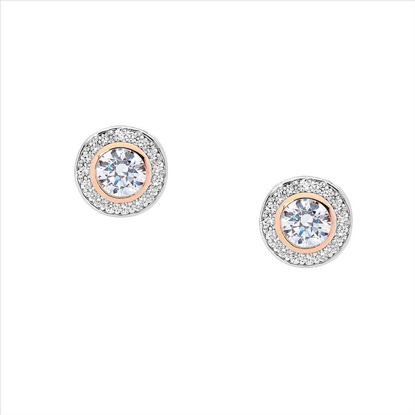 Ellani Silver & Rose Gold Plated Stud Earrings With White Cz Cluster ...