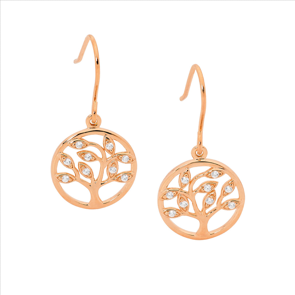 Ellani Rose Gold Plated Tree Of Life Earrings With White Cz