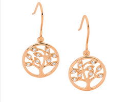 Ellani Rose Gold Plated Tree Of Life Earrings With White Cz