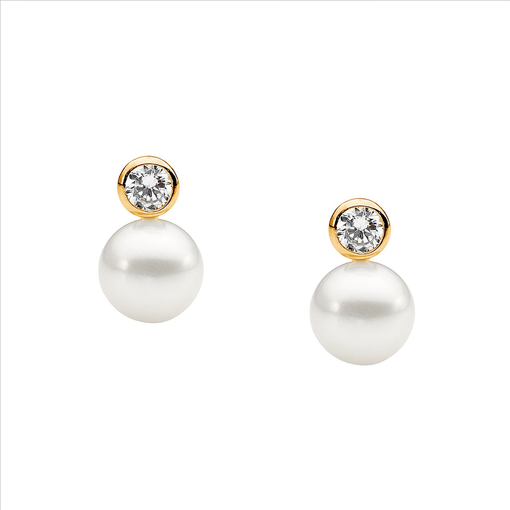 Ellani Yellow Gold Plated Freshwater Pearl Stud Earrings With Cz