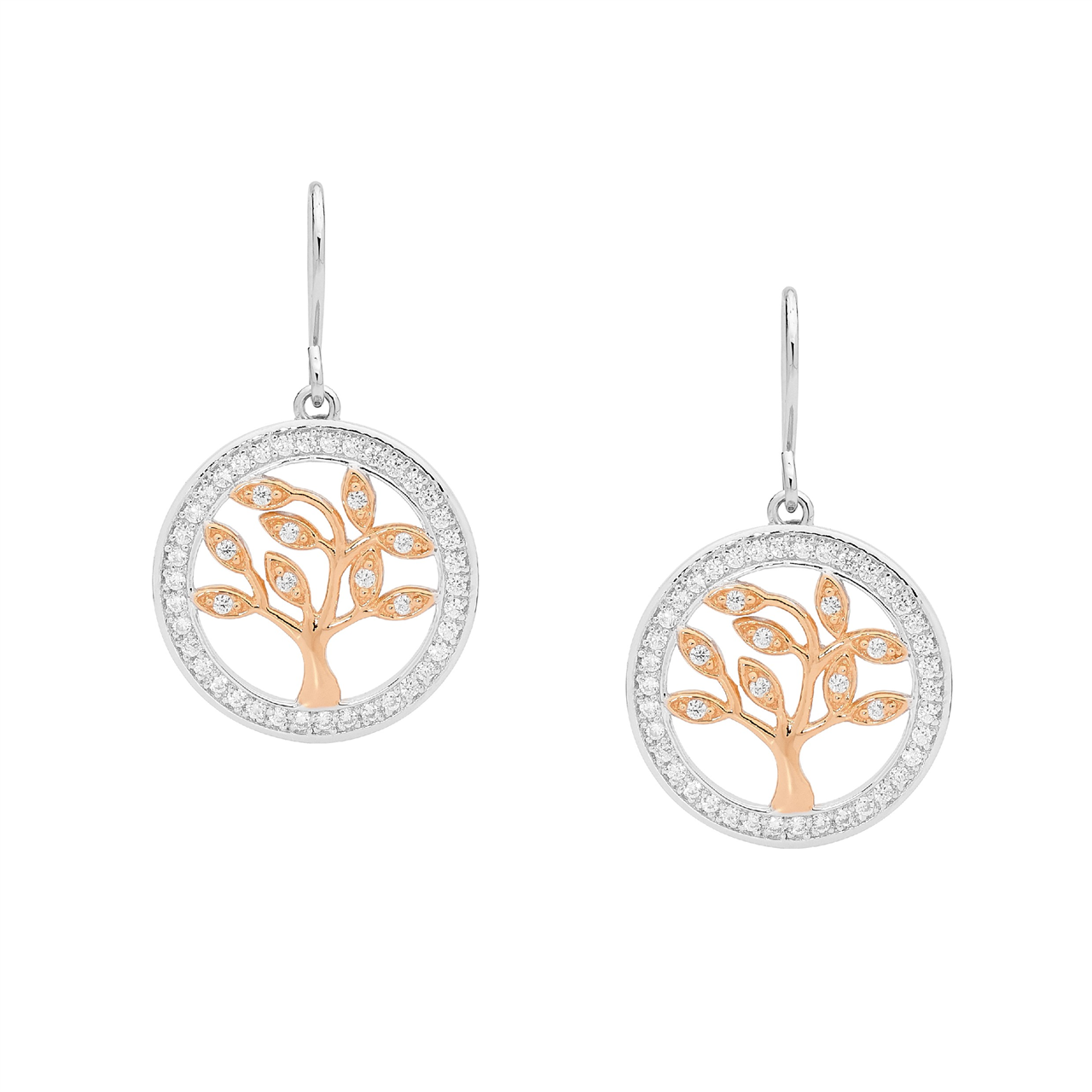 Ellani Silver & Rose Gold Plated Tree Of Life Earrings With Cz