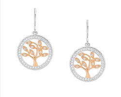 Ellani Silver & Rose Gold Plated Tree Of Life Earrings With Cz