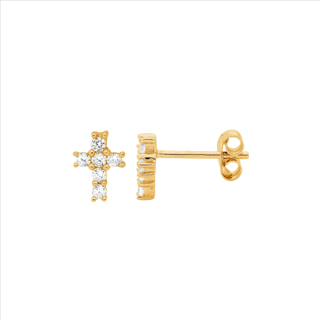 Ellani Yellow Gold Plated Cross Stud Earrings With Cz