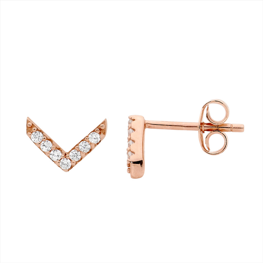 Ellani Rose Gold Plated V Stud Earrings With White Cz
