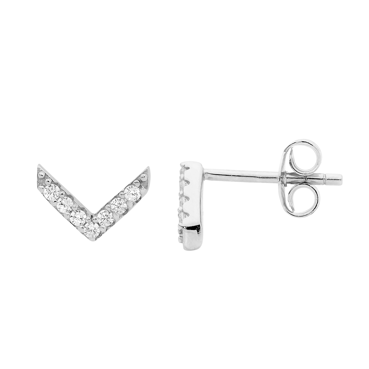 Ellani Silver V Stud Earrings With White Cz