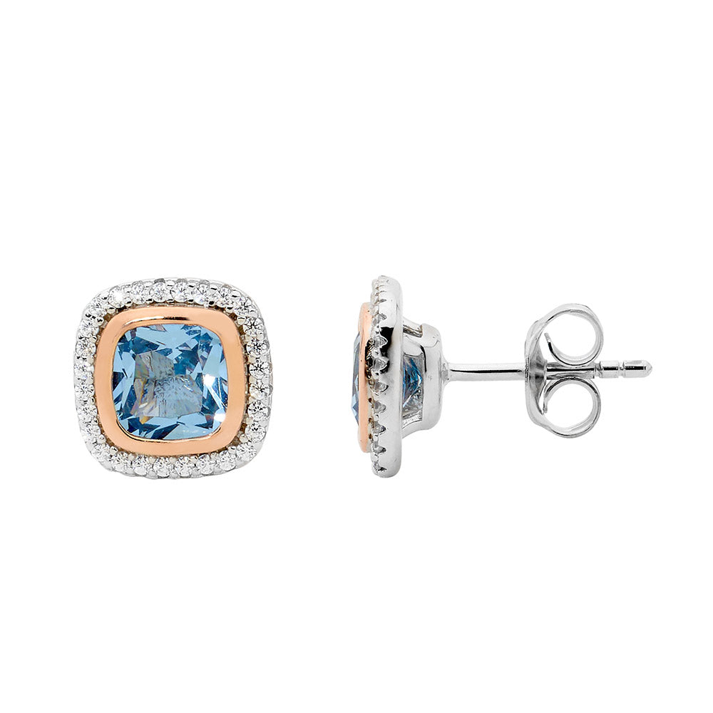 Ellani Silver Blue Cushion Cut Stud Earrings With Rose Gold Plates Bezel & Cz Halo