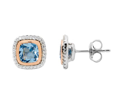 Ellani Silver Blue Cushion Cut Stud Earrings With Rose Gold Plates Bezel & Cz Halo