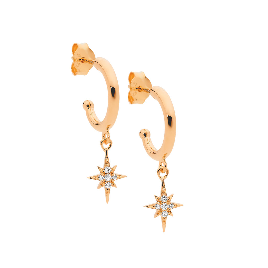 Ellani Rose Gold Plated Hoop Earrings With Cz Star Drop