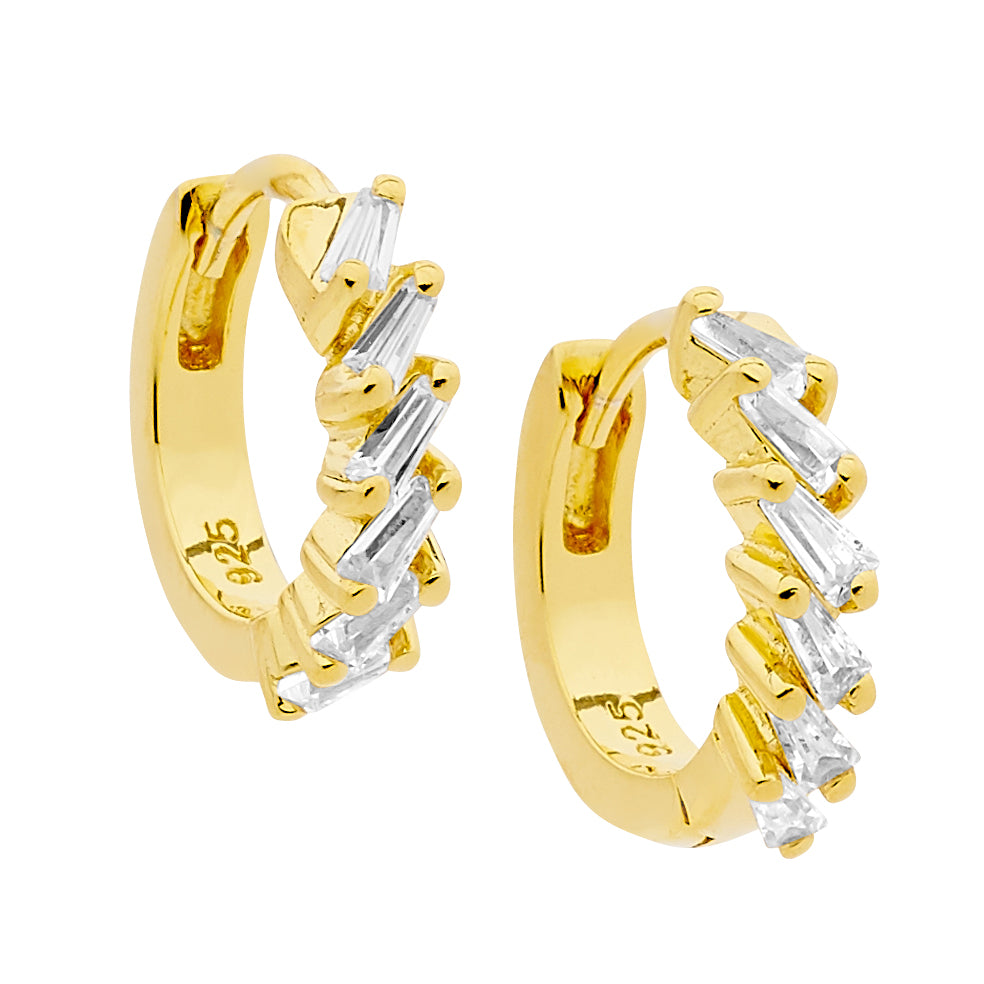 Ellani Yellow Gold Plated Hoop Earrings With Tapered Baguette Cz's
